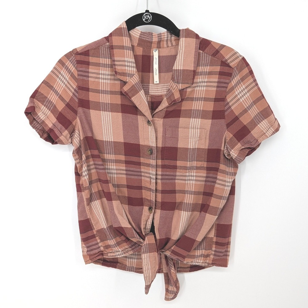Kuhl Plaid Short Sleeve Tie Front Top Women XS Brown Button Down Camp Collar